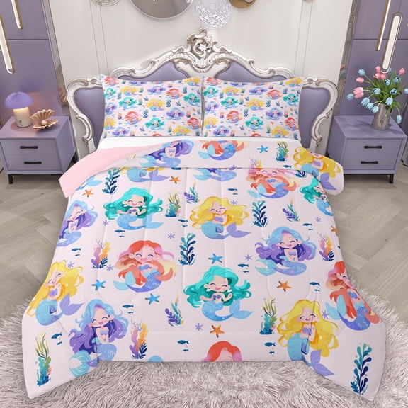 Homewish Cartoon Mermaid Pattern Bedding Comforter Set,Watercolor Ocean Sealife Twin Comforter Sets,Colorful Bedding Set For Girls Teens,Luxury Bedroom Decor Reversible,2pcs
