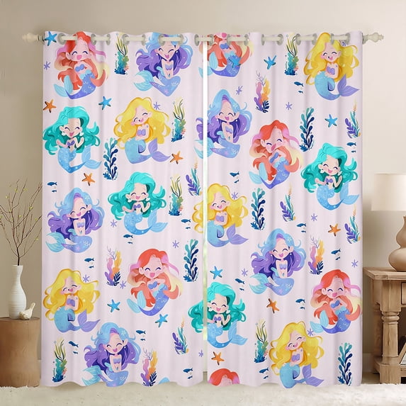 Homewish Cartoon Mermaid Pattern Black Out Curtains,Watercolor Ocean Sealife Curtains Pack of 2 (42x63 Each),Colorful Bedroom Curtains For Girls Teens,Luxury Bedroom Decor