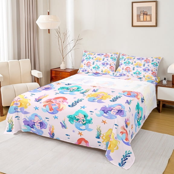 Homewish Cartoon Mermaid Pattern Twin Sheet Sets,Watercolor Ocean Sealife Twin Fitted Sheet,Colorful Flat Sheet For Girls Teens,Luxury Bedroom Decor,3pcs