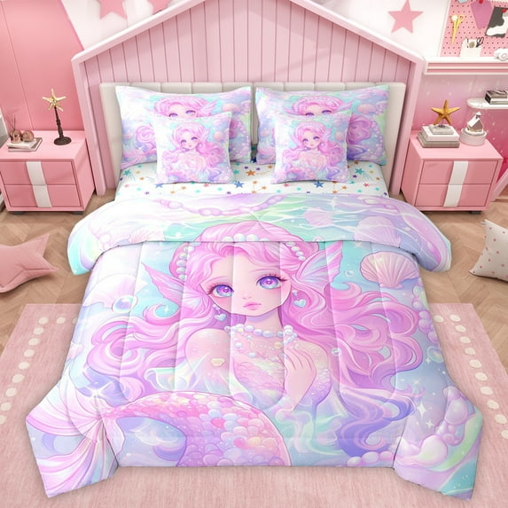 Homewish Cartoon Mermaid Princess 7-Piece Twin Bedding Sets,Ocean Animal Bedding Comforter Set,Blue Pink Sheet Sets For Girls Kids,Breathable Home Decor Reversible