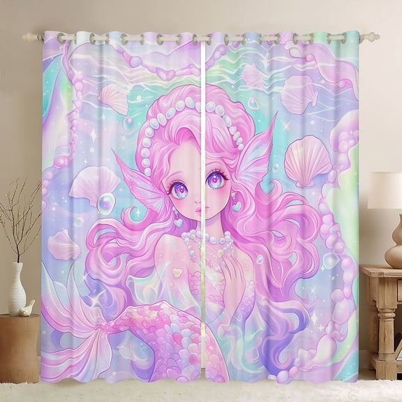 Homewish Cartoon Mermaid Princess Blackout Curtains Set of 2 (52x84 Each),Ocean Animal Window Curtains,Blue Pink Curtains and Drapes For Girls Kids,Breathable Home Decor
