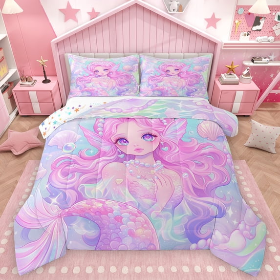 Homewish Cartoon Mermaid Princess Queen Comforter Set,Ocean Animal Bedding Sets,Blue Pink Bedding Comforter Set For Girls Kids,Breathable Home Decor Reversible,3pcs