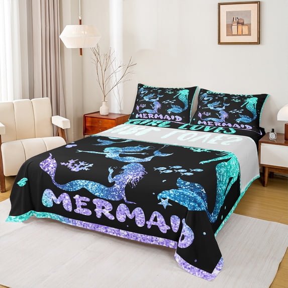 Homewish Cartoon Mermaid Twin Sheet Sets,Ocean Animal Sealife Twin Fitted Sheet,Purple Blue Black 03 For Girls,Luxury Bedroom Decor,3-Piece