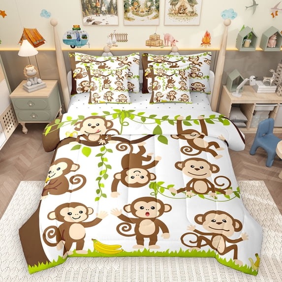 Homewish Cartoon Monkey 7 Pieces Bedding Comforter Set,Zoo Animal Full Bedding Set,White Brown Green Fitted Sheet Flat Sheet For Boys Girls,Luxury Bedroom Decor
