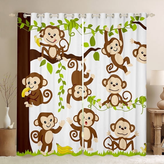 Homewish Cartoon Monkey Black Out Curtains,Zoo Animal Curtains Pack of 2 (42x63 Each),White Brown Green Bedroom Curtains For Boys Girls,Luxury Bedroom Decor