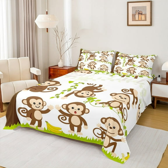 Homewish Cartoon Monkey Twin Sheet Sets,Zoo Animal Twin Fitted Sheet,White Brown Green Flat Sheet For Boys Girls,Luxury Bedroom Decor,3 Pieces