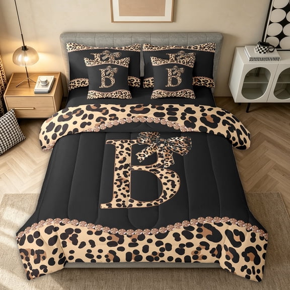 Homewish Modern Fashion Monogrammed B Bedding Comforter Set 7 Pieces for Girls Women, Leopard Cheetah Print Full Bedding Set, Black Reversible