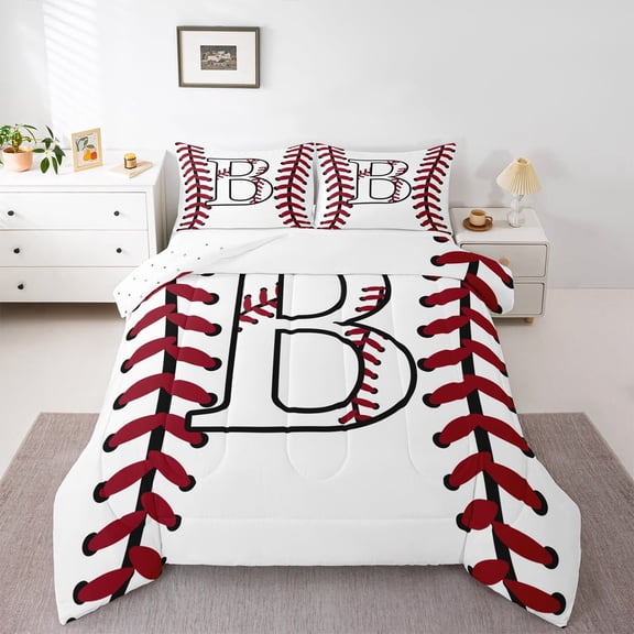 Homewish Cartoon Monogrammed B Bedding Comforter Set, White Red Baseball Twin Comforter Sets, Teens Kids Boys Girls Reversible Bedding Set, Microfiber Bedroom Decor, 2-Piece