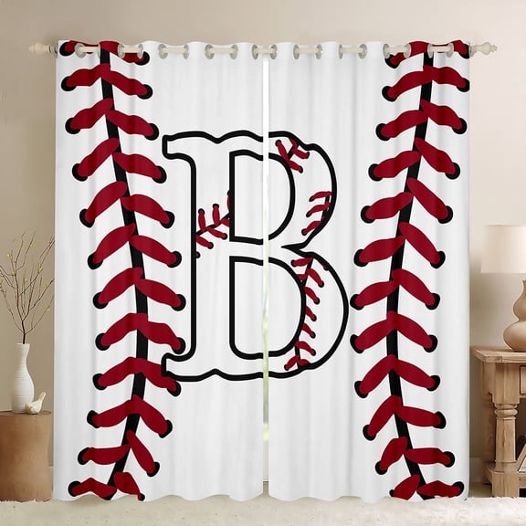 Homewish Cartoon Monogrammed B Black Out Curtains, White Red Baseball Curtains Pack of 2 (42x63 Each), Teens Kids Boys Girls Bedroom Curtains, Living Room Curtains Decor