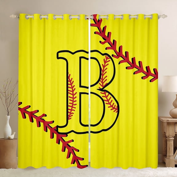 Homewish Cartoon Monogrammed B Curtains Pack of 2 (42x84 Each), Yellow Red Baseball Curtains Blackout, Teens Kids Boys Girls Bedroom Curtains, Blackout Curtains Decor