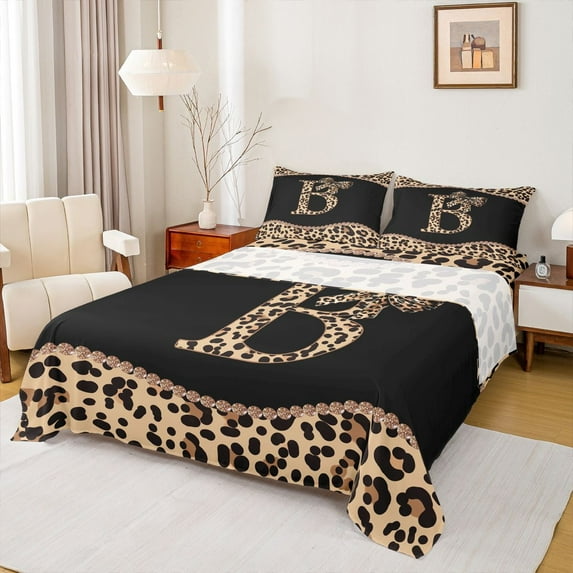 Homewish Cartoon Monogrammed B Twin Sheet Sets for Teens, Leopard Cheetah Print Twin Fitted Sheet, Modern Fashion Flat Sheet, Ultra Soft Bedroom Decor, 3 Pieces