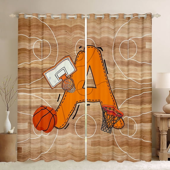 Homewish Cartoon Monogrammed A Black Out Curtains, Orange Brown Basketball Curtains Pack of 2 (42x63 Each), Teens Kids Boys Girls Bedroom Curtains, Curtains Blackout Home Decor