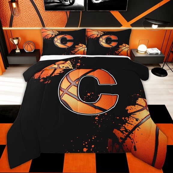 Homewish Cartoon Monogrammed C Bedding Comforter Set for Kids Boys, Cartoon Basketball Lover Twin Comforter Sets, Black Reversible, 2 Pieces