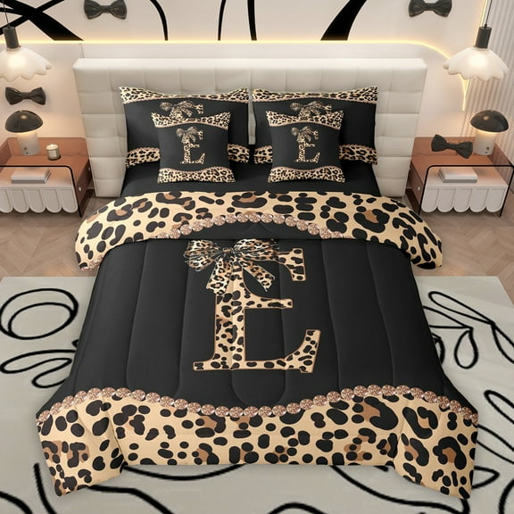 Homewish Cartoon Monogrammed E Bedding Comforter Set 7pcs for Teens, Leopard Cheetah Print King Bedding Sets, Modern Fashion Reversible Bed Sheets, Luxury Bedroom Decor