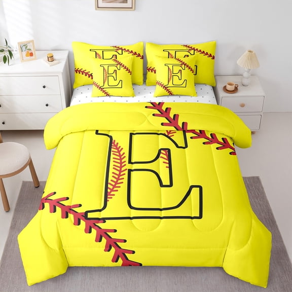 Homewish Cartoon Monogrammed E Bedding Comforter Set 7pcs, Yellow Red Baseball Queen Bedding Sets, Teens Kids Boys Girls Reversible Queen Sheet Sets, Luxury Bedroom Decor