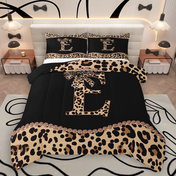 Homewish Cartoon Monogrammed E Queen Comforter Set for Teens, Leopard Cheetah Print Bedding Sets, Modern Fashion Reversible Bedding Comforter Set, Luxury Bedroom Decor, 3 Pieces