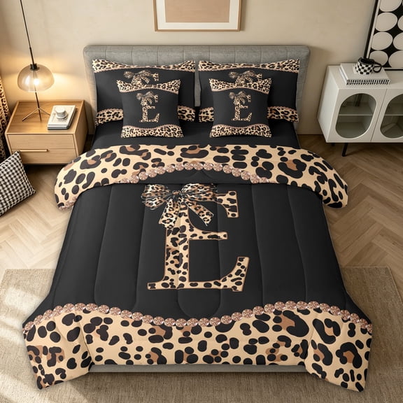 Homewish Modern Fashion Monogrammed E Twin Bedding Sets 7-Piece for Girls Women, Leopard Cheetah Print Bedding Comforter Set, Black Reversible