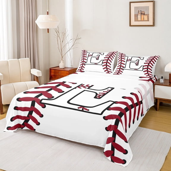 Homewish Cartoon Monogrammed E Twin Sheet Sets, White Red Baseball Twin Fitted Sheet, Teens Kids Boys Girls Flat Sheet, Super Cozy Room Decor, 3-Piece