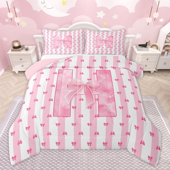 Homewish Cartoon Monogrammed H Bedding Comforter Set, Fashion Pink Watercolor Twin Comforter Sets, Teens Kids Girls Women Reversible Bedding Set, Lightweight Room Decor, 2-Piece