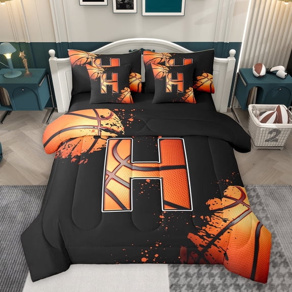 Homewish Cartoon Monogrammed H Twin Bedding Sets 7-Piece, Cartoon Basketball Lover Bedding Comforter Set, Teens Kids Boys Girls Reversible Sheet Sets, Ultra Soft Bedroom Decor
