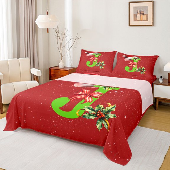 Homewish Cartoon Monogrammed J Bed Sheets, Christmas Bowknot Flower King Sheets, Glitter Dreamy Stars Print Sheet Set, Luxury Bedroom Decor, 4 Pieces