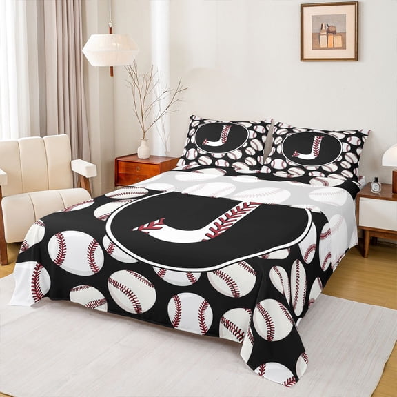 Homewish Cartoon Monogrammed J Bed Sheets for Kid, Black White Baseball Print King Sheets, 4pcs