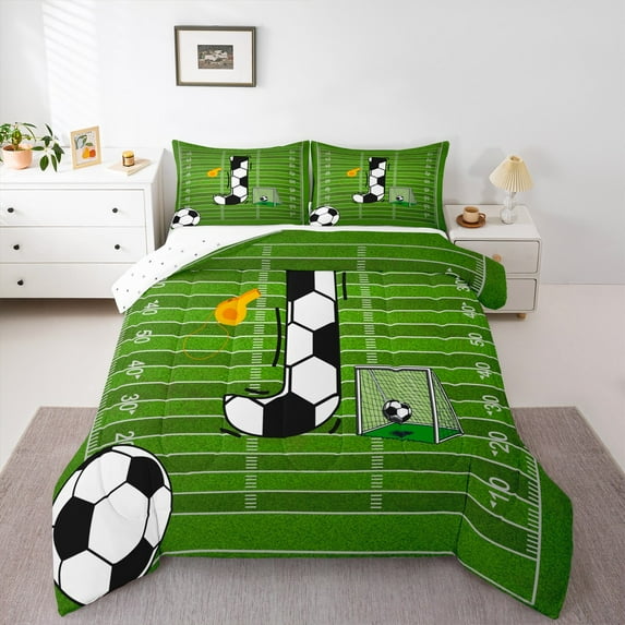 Homewish Cartoon Monogrammed J Queen Comforter Set, Cartoon Football Soccer Bedding Sets, Teens Kids Boys Girls Reversible Bedding Comforter Set, Ultra Soft Bedroom Decor, 3-Piece