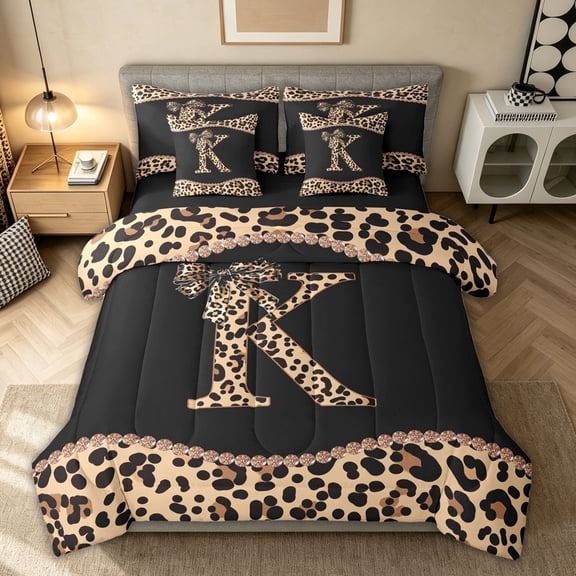 Homewish Modern Fashion Monogrammed K Bedding Comforter Set 7pcs for Girls Women, Leopard Cheetah Print Queen Bedding Sets, Black Reversible