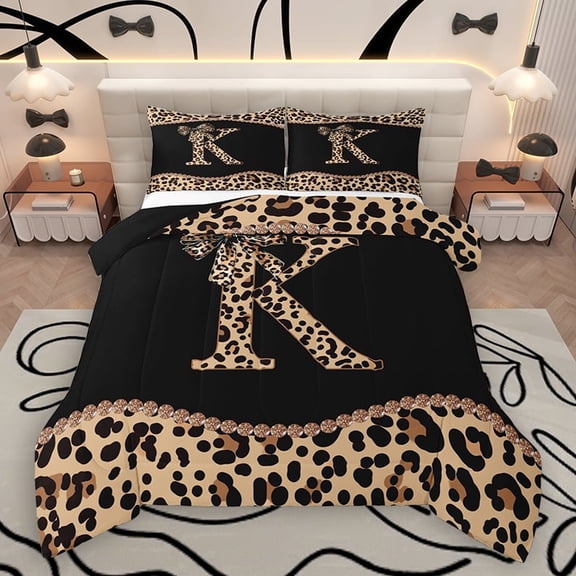 Homewish Cartoon Monogrammed K Bedding Comforter Set for Teens, Leopard Cheetah Print Twin Comforter Sets, Modern Fashion Reversible Bedding Set, Luxury Bedroom Decor, 2 Pieces