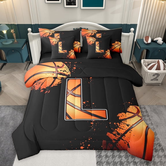 Homewish Cartoon Monogrammed L Bedding Comforter Set 7pcs, Cartoon Basketball Lover King Bedding Sets, Teens Kids Boys Girls Reversible Bed Sheets, Microfiber Bedroom Decor