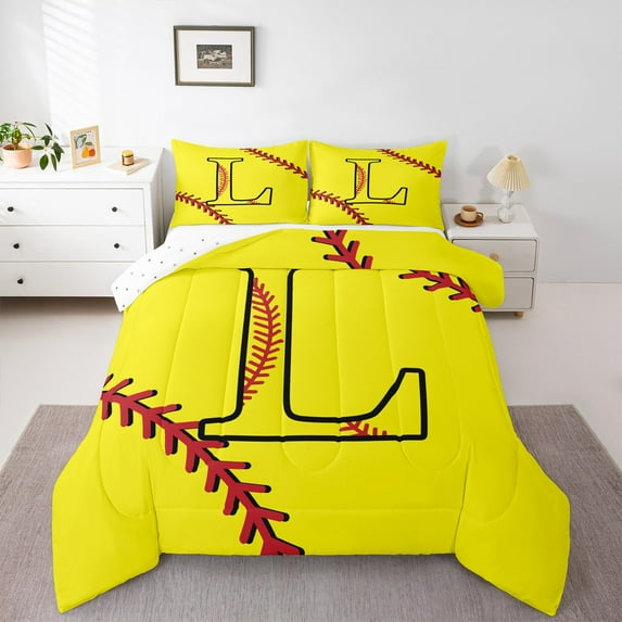 Homewish Cartoon Monogrammed L Bedding Comforter Set, Yellow Red Baseball Twin Comforter Sets, Teens Kids Boys Girls Reversible Bedding Set, Microfiber Bedroom Decor, 2 Pieces