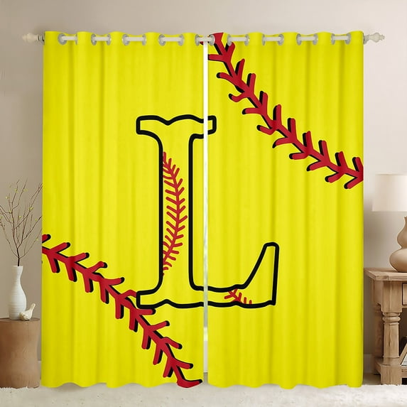 Homewish Cartoon Monogrammed L Black Out Curtains, Yellow Red Baseball Curtains Pack of 2 (42x63 Each), Teens Kids Boys Girls Bedroom Curtains, Living Room Curtains Decor