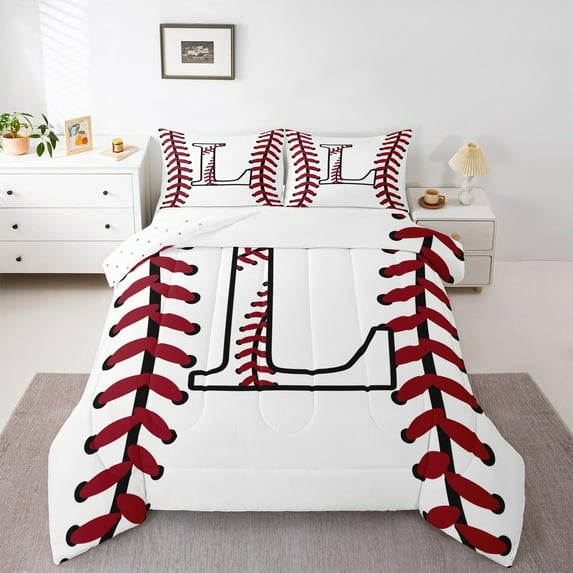 Homewish Cartoon Monogrammed L Full Size Comforter Sets, White Red Baseball Bedding Comforter Set, Teens Kids Boys Girls Reversible Bedding Sets, Lightweight Room Decor, 3-Piece