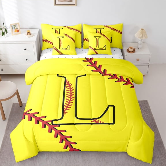Homewish Cartoon Monogrammed L Twin Bedding Sets 7-Piece, Yellow Red Baseball Bedding Comforter Set, Teens Kids Boys Girls Reversible Sheet Sets, Microfiber Bedroom Decor