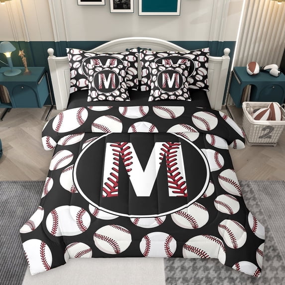 Homewish Cartoon Monogrammed M Twin Bedding Sets 7-Piece for Boys, Black White Baseball Print Bedding Comforter Set, Cartoon Theme Reversible Sheet Sets, Microfiber Bedroom Decor