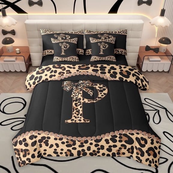 Homewish Cartoon Monogrammed P Bedding Comforter Set 7 Pieces for Teens, Leopard Cheetah Print Full Bedding Set, Modern Fashion Reversible Fitted Sheet Flat Sheet, Lightweight Room Decor