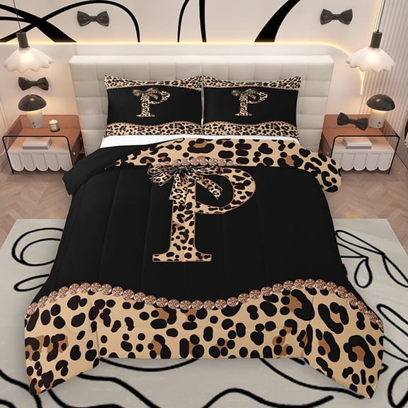 Homewish Cartoon Monogrammed P Bedding Comforter Set for Teens, Leopard Cheetah Print Twin Comforter Sets, Modern Fashion Reversible Bedding Set, Lightweight Room Decor, 2 Pieces