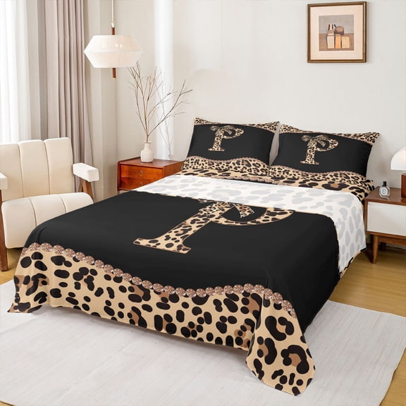 Homewish Initial P Queen Sheet Set 4pcs, Leopard Cheetah Print Teens Bedding