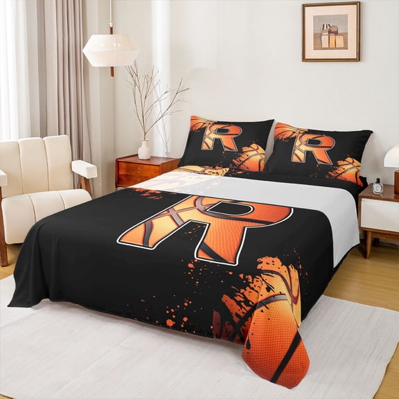 Homewish Cartoon Monogrammed R Bed Sheets, Cartoon Basketball Lover King Sheets, Teens Kids Boys Girls Sheet Set, Microfiber Bedroom Decor, 4 Pieces