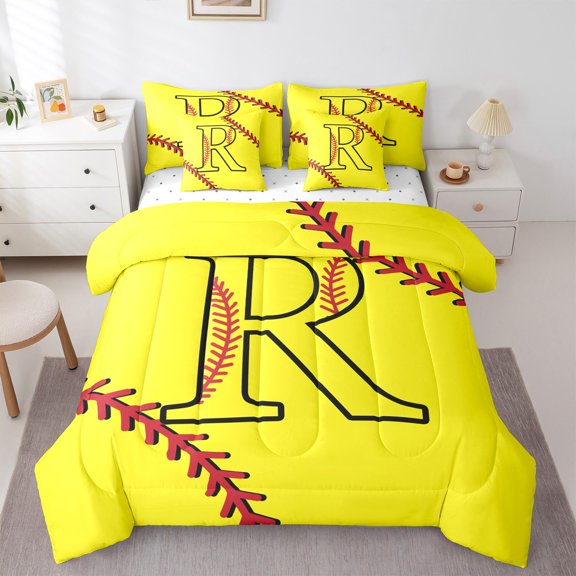 Homewish Cartoon Monogrammed R Bedding Comforter Set 7pcs, Yellow Red Baseball Queen Bedding Sets, Teens Kids Boys Girls Reversible Queen Sheet Sets, Microfiber Bedroom Decor