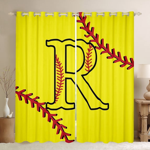 Homewish Cartoon Monogrammed R Curtains Pack of 2 (42x84 Each), Yellow Red Baseball Curtains Blackout, Teens Kids Boys Girls Bedroom Curtains, Living Room Curtains Decor