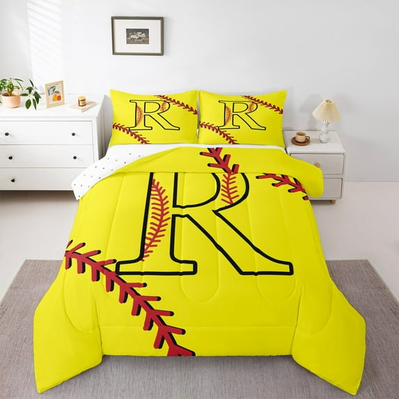 Homewish Cartoon Monogrammed R Full Size Comforter Sets, Yellow Red Baseball Bedding Comforter Set, Teens Kids Boys Girls Reversible Bedding Sets, Microfiber Bedroom Decor, 3 Pieces
