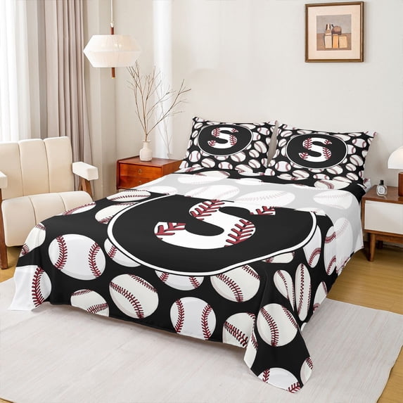 Homewish Cartoon Monogrammed S Full Size Sheets for Boys, Black White Baseball Print Bed Sheets, Cartoon Theme Sheet Sets, Microfiber Bedroom Decor, 4-Piece