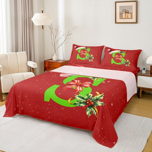 Homewish Cartoon Monogrammed S Twin Sheet Sets, Christmas Bowknot Flower Twin Fitted Sheet, Glitter Dreamy Stars Print Flat Sheet, Ultra Soft Bedroom Decor, 3 Pieces