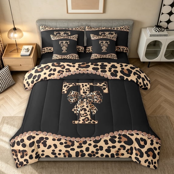 Homewish Modern Fashion Monogrammed T Bedding Comforter Set 7pcs for Girls Women, Leopard Cheetah Print Queen Bedding Sets, Black Reversible