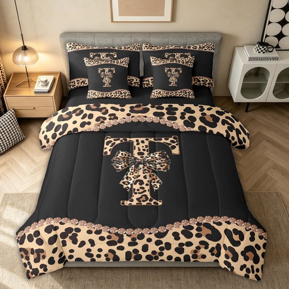 Homewish Modern Fashion Monogrammed T Twin Bedding Sets 7-Piece for Girls Women, Leopard Cheetah Print Bedding Comforter Set, Black Reversible