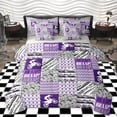 thumbnail image 1 of Homewish Cartoon Motorcycle Lover Bedding Comforter Set 7 Pieces, Grey Purple Buffalo Patchwork Full Bedding Set, Teens Kids Boys Girls Reversible Fitted Sheet Flat Sheet, Luxury Bedroom Decor, 1 of 7