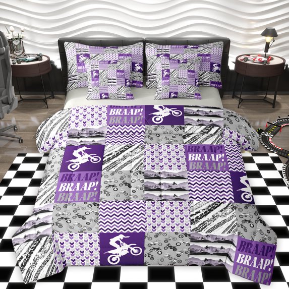 Homewish Cartoon Motorcycle Lover Bedding Comforter Set 7 Pieces, Grey Purple Buffalo Patchwork Full Bedding Set, Teens Kids Boys Girls Reversible Fitted Sheet Flat Sheet, Luxury Bedroom Decor