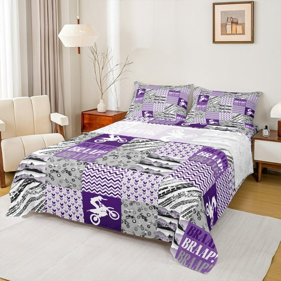Homewish Cartoon Motorcycle Lover Full Size Sheets, Grey Purple Buffalo Patchwork Bed Sheets, Teens Kids Boys Girls Sheet Sets, Luxury Bedroom Decor, 4 Pieces
