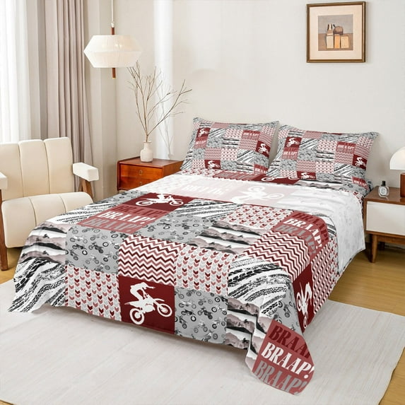Homewish Cartoon Motorcycle Lover Full Size Sheets, Grey Red Buffalo Patchwork Bed Sheets, Teens Kids Boys Girls Sheet Sets, Ultra Soft Bedroom Decor, 4 Pieces